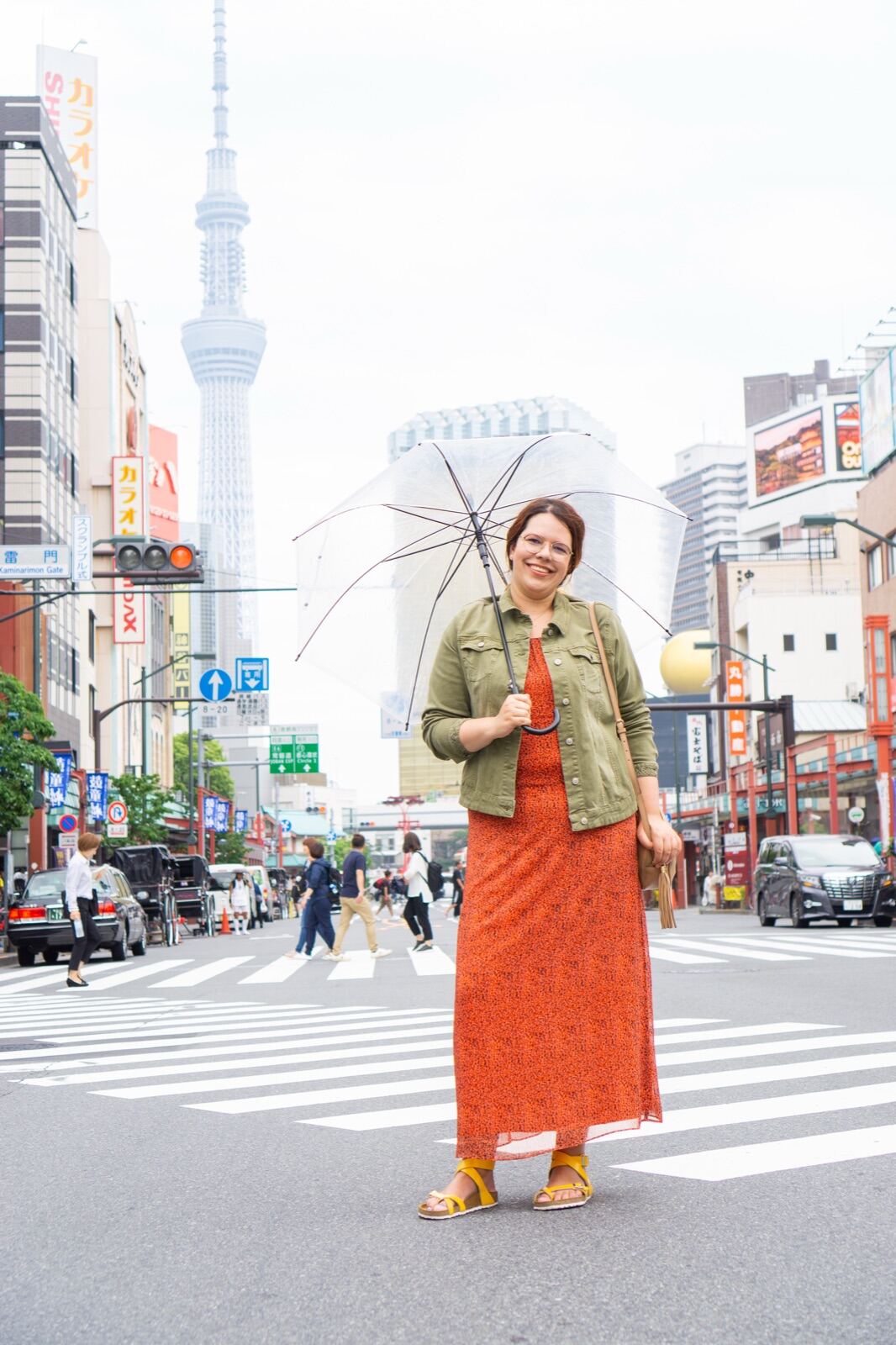 Crossing a Tokyo street beneath an umbrella